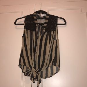 Sheer Beige and black short sleeve tie up top